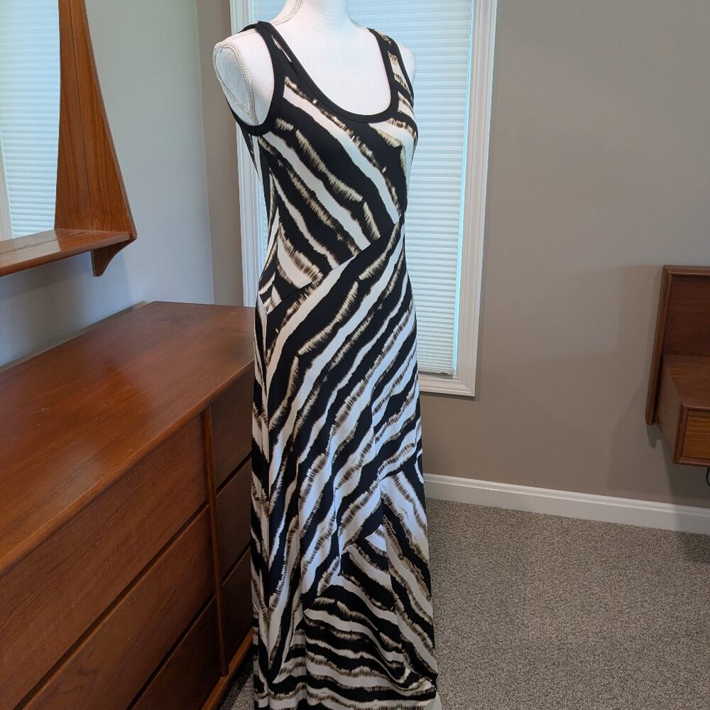 Calvin Klein Abstract Stripe Maxi Dress | Small | Black White Gold Metallic